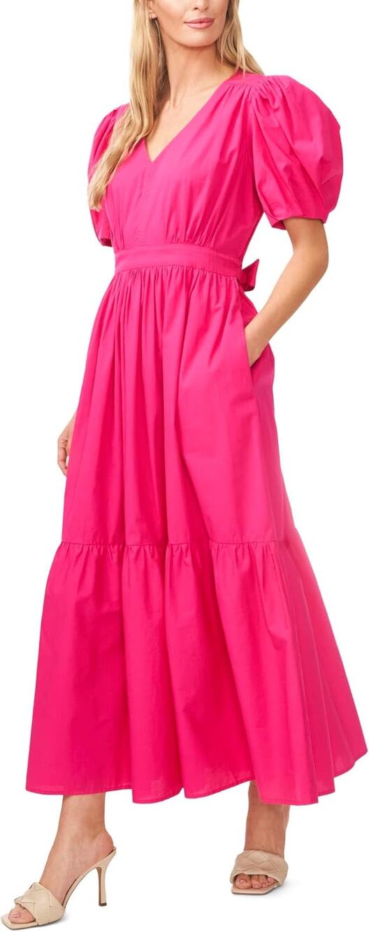 CeCe V-Neck Puff Sleeve Maxi Dress Bright Rose Hot Pink Barbiecore Size XS
